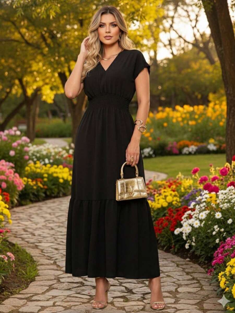 Elegant Women's Long V-Neck Dress With Elastic Waistband - Casual, Social, Comfortable, Versatile,  For End Of Year, Work, And Parties - 黑色 - 查看 1
