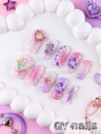 10ชิ้น/ชุด เล็บปลอมแบบกด, เล็บทรงสี่เหลี่ยม, เล็บขนาดกลาง, เล็บฤดูหนาว, สไตล์น่ารัก, ของขวัญปีใหม่, ถอดออกได้, เหมาะสำหรับงานปาร์ตี้, เต้นรำ, สวมใส่ทุกวัน, ปาร์ตี้นักเรียน, คอสเพลย์พนักงานออฟฟิศ, แบบกดและใช้ซ้ำได้, พร้อมกาวเจลลี่และตะไบเล็บ อุปกรณ์ทำเล็บ