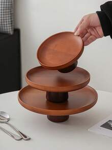 1 pieza Soporte para pastel de bambú con base, bandeja para exhibir postres, frutero multifuncional, adecuado para decoración de mesa de comedor, uso doméstico y de cocina, apto para el Ramadán - Granate - Ver 3