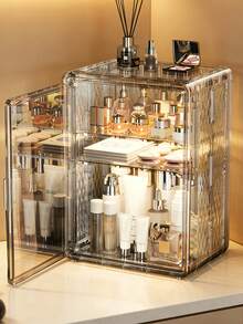 Clear Black Makeup Organizer, Large Capacity Cosmetics Storage, Acrylic Display Case For Vanity,  Clear Display Case For Figures, Foldable Skincare Storage With Partition Design,  Idea For Large Skincare, Perfume, High Bottle, Cup, Action Figures, Desk Organizer, Home Decor, Drawer Organizer, Kitchen Drawer Organizer, Storage Bins, Vanity Organizer, Nail Polish Organizer, Plastic Drawers, Closet Organizers And Storage, Desk Organizer, Beauty Supplies Storage For Moisturizing Cream Lotion Collagen Jelly Collagen Jelly Cream Face Lotion Under Eye Patches Face Mask Hair Clips, Valentines Gift - 透明黑 - 查看 4