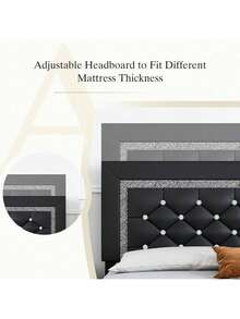 Twin/ Full/ Queen/ King Size Bed Frame, Upholstered Bed Frame With Diamond Headboard And Footboard, Pearl White/ Beige/ Black/ Grey/ Pink/ Purple/ Green - 黑色 - 查看 4
