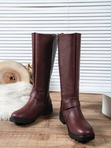 Minimalist Fashion Women's Long Boots, Anti-Slip Comfortable Versatile Square Buckle Decor British Style Plus Size Riding Boots - Burgundy - View 9