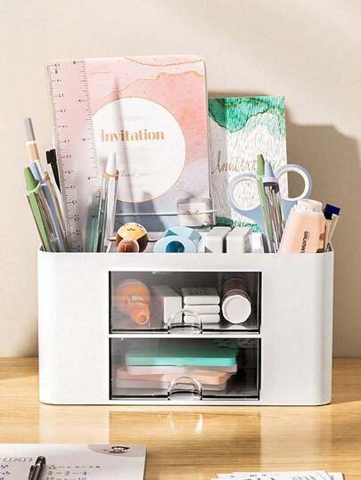 1pc Desk Organizer Box With Pen Holder And 2 Drawers, Desktop Stationery Storage Box, Suitable For Desk, Cosmetics, Office Supplies, For Office, Home, School