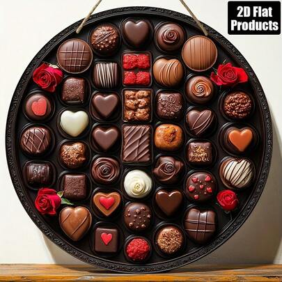 Placa decorativa de madera plana y redonda en 2D, con tema de chocolate y rosa de San Valentín, adecuada para decorar bar, cocina, cafetería, habitación, sala de estar, oficina, decoración del hogar, regalo festivo, 8" X 8"