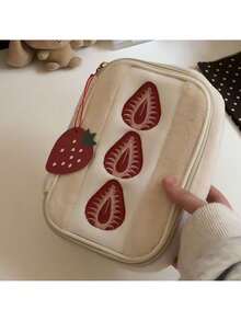 1pc Strawberry Sandwich Design Pencil Case, High-Capacity Card Holder Stationery Bag, Plush Sanitary Pad Organizer, Sticker Storage Pouch - Plush - View 9
