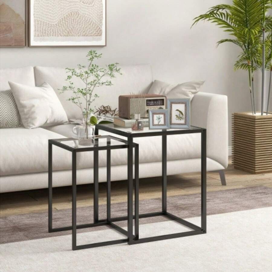 Set Of 2 Stackable Side Tables/Coffee Tables With Steel Legs, Modern Design For Living Room, Black - Black - View 1