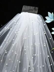 1 件带珍珠的新娘面纱，适合婚礼、摄影道具、登记处头饰带发梳女士秋装 - 米色 - 查看 9