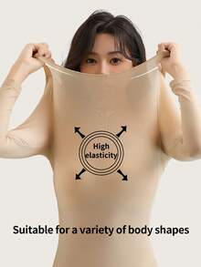 2pcs Set Solid Color Seamless Ultra-Thin Thermal Underwear Autumn And Winter Long Sleeve Round Neck Tops Women's Casual Wear And Underwear - Apricot - View 5