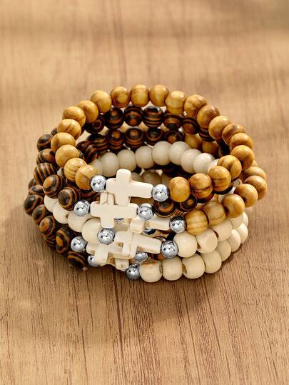 8pcs/Set Vintage Western Style Casual Fashion Multi-Layer Wooden Bead Cross Elastic Bracelet Set, Suitable For Daily, Commute, Party, Music Festival Wear