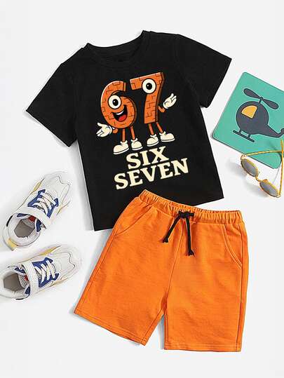 Toddler Boys' Numeric Print Short Sleeve T-Shirt And Drawstring Waist Shorts