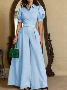 优雅女士长款阔腿连体裤，泡泡短袖，领口、纽扣和腰带细节设计 - 藍色 - 查看 3