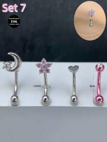 4pcs/Set Y2k Pink 16g Eyebrow Ring Cross Heart Flower Butterfly Curved Barbell Cartilage Tragus Eyebrow Piercing Jewelry Bat Faux Pearl Eye Labret Lip Jewelry Moon Devil Daith Tragus Rook Helix Earring Navel Small Belly Button Ring Eyebrow Lip Studs For Women Men Daily Party Wear - Pink - View 6