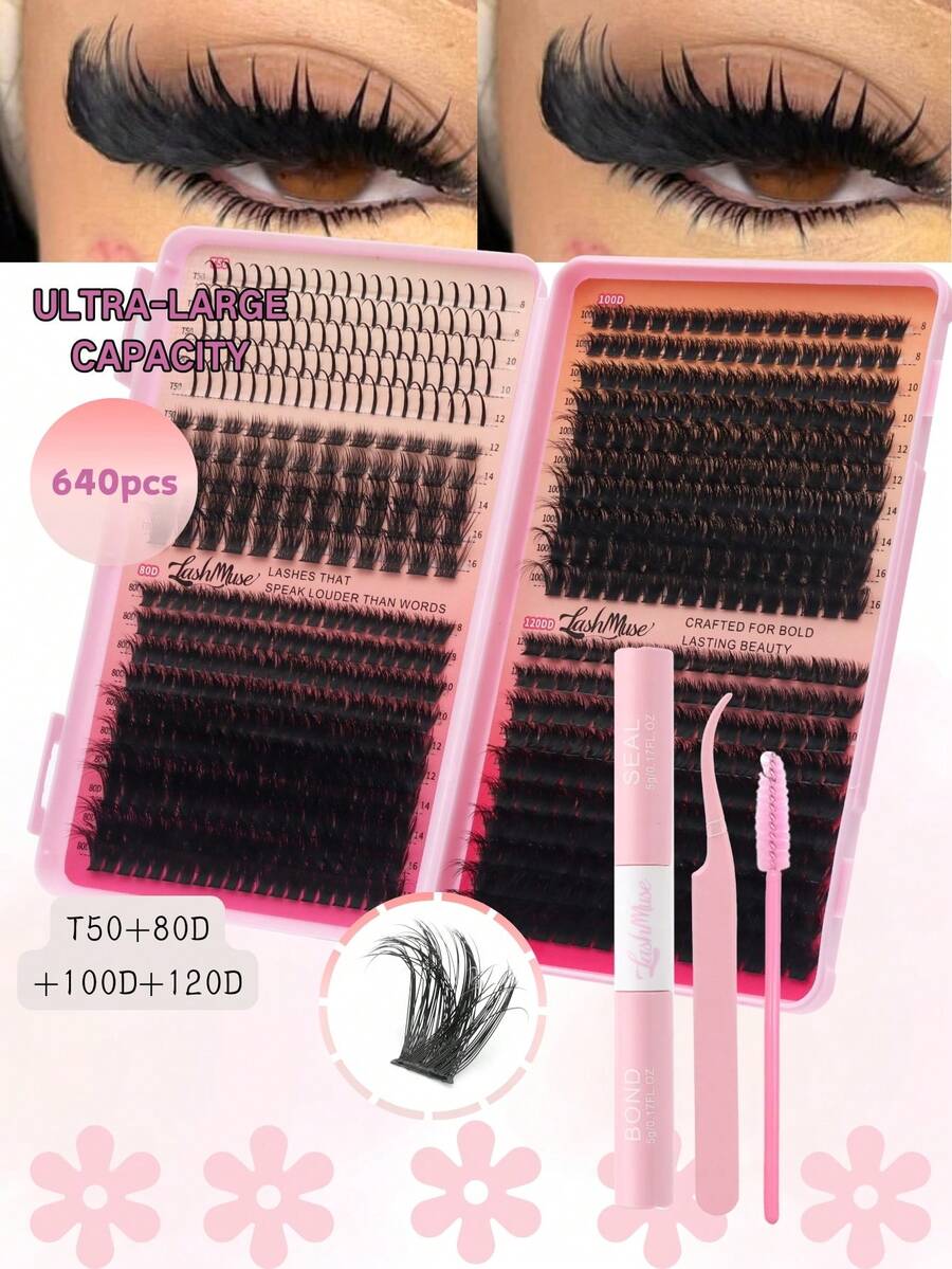 680PCS Russian Volume Lash Extensions Kit, Spiked Individual Lash Clusters, D/DD Curl 0.31–0.63inch, T50/80D/100D/120DD Mixed Styles, Volume Lash Clusters, Individual Segmented False Eyelashes,With Lash Glue, Tweezers & Brush - 黑色 - 查看 1