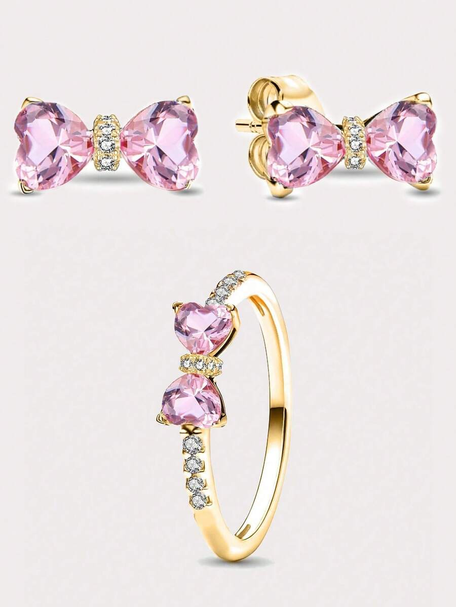 Winglove 1 Set Pure Silver Necklace, Earrings And Ring Jewelry Set, Hypoallergenic Design With Passionate Heart Shape And Love Elements, Paired With Minimalist And Elegant Square Red Cubic Zirconia, Showcasing Your Refined, Romantic And Versatile Elegant Style.