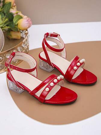 1 Pair Girls' Shiny Pearl Round Toe Low Heel Adjustable Buckle Dance Shoes, Suitable For Summer Banquets, Performances And Other Occasions