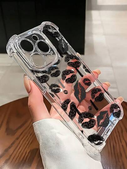1 pieza Funda protectora de teléfono con patrón de labios gris y negro, resistente a golpes, compatible con iPhone17/17air/17pro/17promax/16/16promax/15/15 Pro Max/14/13/12/11/7/8/XS/11 Pro, resistente al agua, anti-caída, anti-arañazos