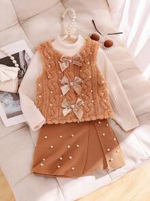 3pcs/Set Toddler Girls' Cute Bow Decor Sleeveless Top, Solid Turtleneck Long Sleeve Undershirt, And Skirt, Autumn/Winter - Khaki - View 1