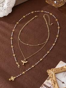 1 Set Vintage Women's Cross & Pearl Necklace, Ankh Cross, Hollow Heart Cross, Faux Pearl Clover Y-Necklace, Unique Design Women's Long Necklace, Valentine's Day Gift, Gift For Christian Women, Suitable For Daily Commute, Gathering With Friends, Fashion Photoshoot, Party Decoration, Holiday Decoration, Charming Jewelry Gift - Gold - View 4