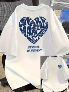 女士宽松爱心图案T恤 - 蓝色字母印花背面白色T恤，Y2K街头风，落肩休闲宽松上衣，复古朋克短袖T恤 夏季 - 白色 - 查看 3