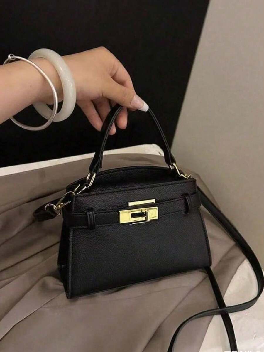 Borsa a mano da donna alla moda di alta gamma con motivo litchi, semplice decorazione con cinturino, tracolla regolabile, borsa a tracolla con chiusura in metallo raffinata - nero - Visualizzare 1