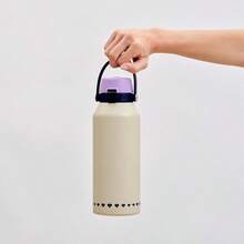 XGJLuckyLy Termo de Acero Inoxidable 1 Litro con Popote Vaso Térmico con Doble Aiamiento y Tapa ermé Antigoteo Bota de Agua Motivacional ideal co alos para Mujer y Mamá Liza ige - Beis - Ver 3