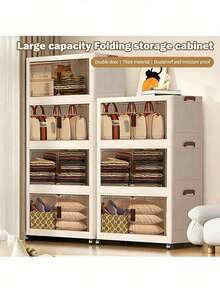 5layer Foldable Storage Cabinet, Plastic Sundries Organizer With Doors & Wheels, Stackable Large Capacity Home Organization For Bedroom, Living Room, Kitchen, Easy Assembly & Space-Saving Design - White - View 3