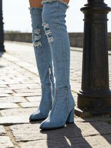 Women's Denim Thigh High Boots Pointed Toe Chunky High Heel Tall Bots Cutout Over The Knee Boots Block Heel Blue Jean Boots With Side Zipper Dress Shoes - 淺藍色 - 查看 3