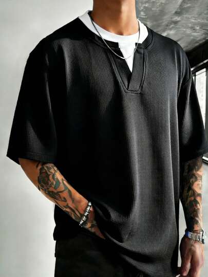 1pc Men's Black Crew Neck Heavyweight Short Sleeve T-Shirt, 2 In 1 Contrast Color, Draping Breathable Fabric, Smooth Skin-Friendly Touch, Pill-Resistant, Casual, Short Sleeve T-Shirt For Daily Wear, Light Commuting, Men's Gift