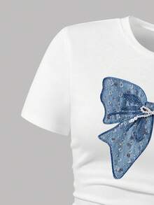 少女卡通印花短袖上衣和牛仔裙套装 - 白色 - 查看 4