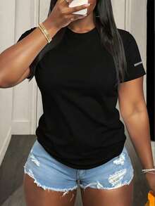 女士纯色休闲短袖T恤，修身款，黑色夏季女式上衣 - 黑色 - 查看 1