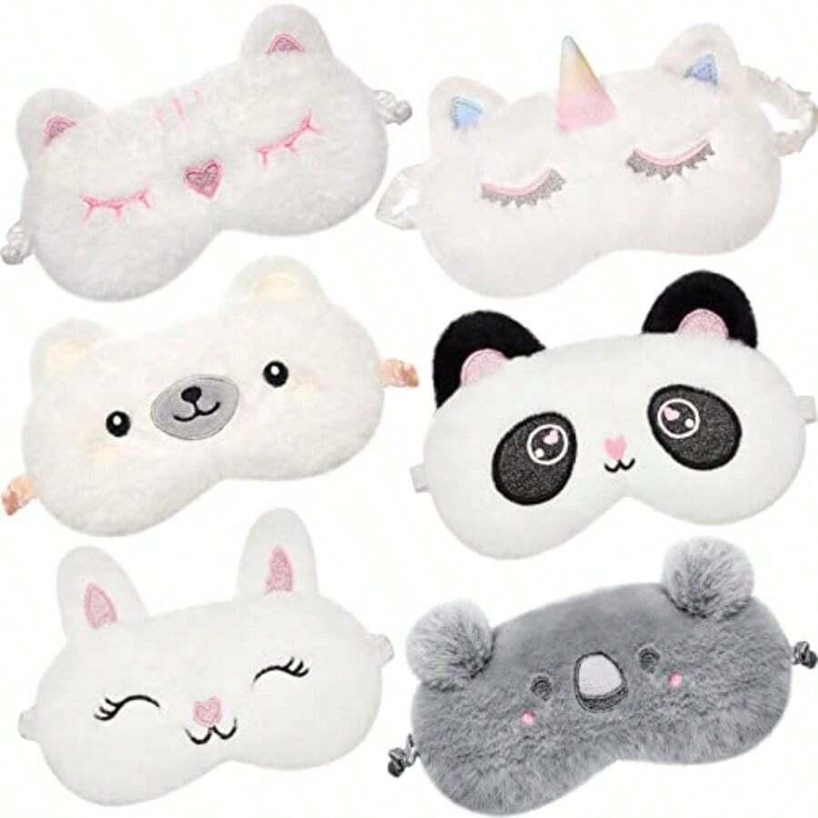 Geyoga 6 Antifaces para Dormir de Niños Cubierta de Ojos con Animales Unicornio Mascaras Ojos Peluche Suave Divertido para Mujeres Niños Avion Viaje Siesta Noche - BlancoGris - Ver 1
