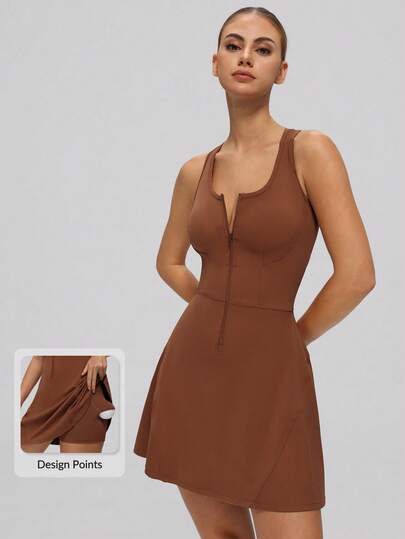 MASKERT 女士无袖运动连衣裙，前拉链设计，A字裙摆，亲肤舒适，适合网球和健身运动。