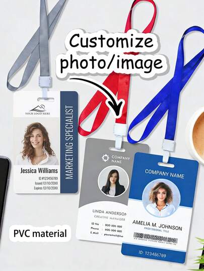 1pc/5pcs/10pcs Customizable Photo And Text ID Badge, Work ID, Conference ID, Business Style, With Lanyard, PVC Portrait ID Card, Personalized Design Work ID With Your Logo, Photo And Name, Includes Lanyard To Hang Around Neck, Customized Vertical Photo ID Card, Portrait ID, Vertical ID Card, Suitable For Business, Friends, Family, Student Gifts, Applicable For Company And Workplace Gifts, Personalized Design Can Enhance Brand Image Or Personal Charm.
