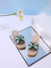 1 Pair Girls' Bow Tie, Suede Texture, Non-Slip, Open Toe, Single Strap Flat Sandals, Simple And Sweet Style, Suitable For Community Walks And Family Outings - Green - View 3