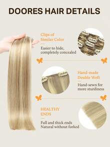 DOORES 5pcs Seamless Straight Human Hair Extensions, Natural Soft Light Blonde Highlights, 73-85g, 100% Brazilian Lace Human Hair, Double Clip-In Hair Extensions - S16/22A - View 2