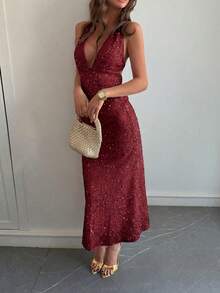 QIANZHIDU 女士亮片吊带长裙，深V领设计，露背，适合公司晚宴、晚礼服、生日派对、单身派对、婚礼宾客等场合穿着，女士长裙 - 酒紅色 - 查看 3
