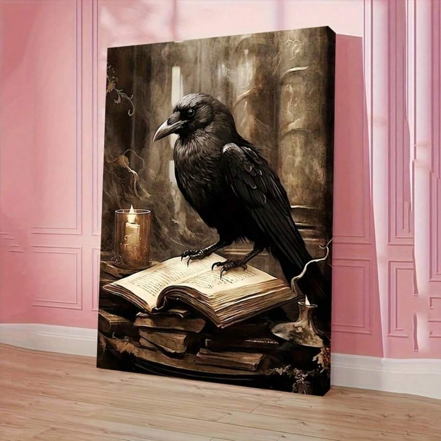 1pc Vintage Wooden Framed Canvas Prints Poster, Gothic Witch & Crow Canvas Art Retro Fantasy Valentine'S Day Gift, Universal Holiday Gifts, Easter Gifts, Ideal Gift For Home & Kitchen, Room Decor, Perfect Gift And Decoration, For Halloween Ready To Hang - White - View 1