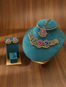 热销 2024 - 4 件/套锌合金古铜色女士首饰套装，1 件黑/白椭圆形水晶玻璃和人造珍珠金色项链，1 对优雅耳环，1 件宝莱坞风格额链，休闲装和节日的完美礼物