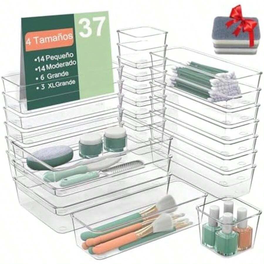 Juego de 37 Organizadores de Cajones de Plástico Transparente + 2 Cepillos de Limpieza - para Tocador de Baño, Maquillaje, Dormitorio, Gadgets de Cocina, Oficina (37 piezas)(default) - Multicolor - Ver 1