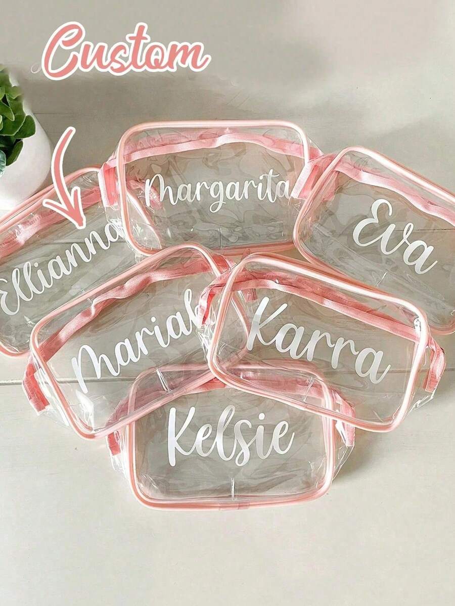 Personalized Makeup Bag, Beach Wedding Gift, PVC Transparent Cosmetic Bag, Toiletry Bag, Bridesmaid Gift, Summer Holiday Gift, Bachelorette Party Gift, Multi-Functional, Space-Saving, Monogram Design, Elegant, Fashionable, Tidy, Minimalist, Casual, Basic, Unique Treasure, Gift For Girls - Multicolor - View 1