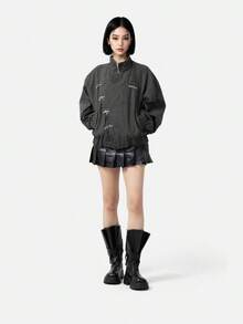 Black Friday1-Aelfric Eden Metal Button Boxy Jacket Black Long Sleeve Stand Collar Slant Placket Unisex Fashion Street Jacket Retro Y2K - 深灰色 - 查看 4