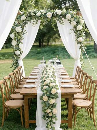 6.5ft Artificial Eucalyptus Garland With White Roses & Green Foliage - Elegant Faux Floral Greenery Vine For Wedding Table Centerpieces, Party Decor, And Valentine's Day Room Accents, Romantic Table Setting | Romantic Atmosphere Enhancer | Realistic Leaf Design, Flower Decorations