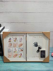 1 Stück Buch-Stil Baby's 1. Lebensjahr Wachstum Hand- und Fußabdruck Fotorahmen, Kunststoffmaterial geeignet für den täglichen Gebrauch & feierliche Anlässe (JS8214 passend für 12 Fotos 4x4cm, Hand-/Fußabdruck Größe: 8,5X13,5cm, PH-139 passend für 10X7cm Fotos, B-Scan Fotogröße: 12X8cm) - Babyblau - Übersicht 6