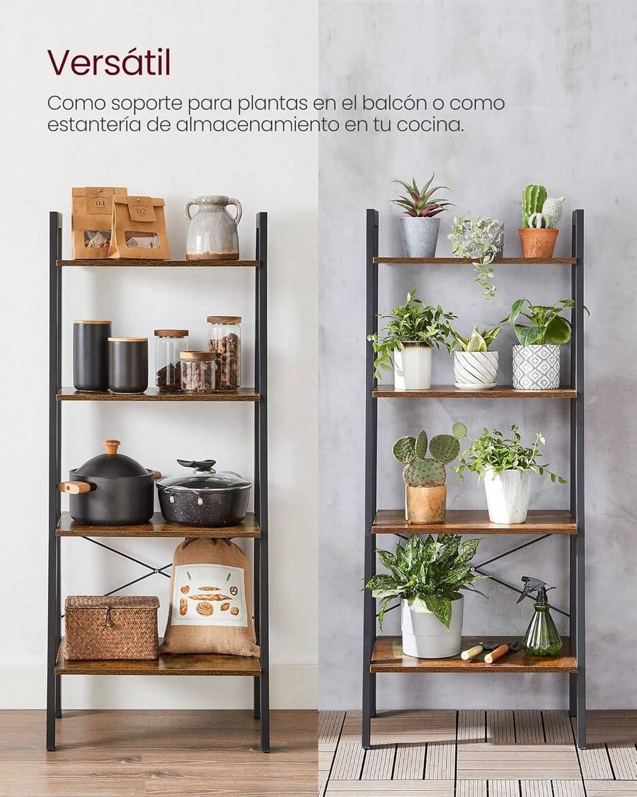 VASAGLE Estantería de Escalera de 4 Niveles, 34 x 56 x 137.5, para Saón, Dormitorio, Cocina, Oficina, Marrón Rústico y Negro MLLS44XV2 SWXK - Marrón Rústico + Negro - Ver 1