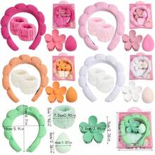 5件套女孩海绵SPA头带和腕带套装，毛巾布头带洁面组合套装，海绵SPA头带可用于洗脸或护肤，配有腕带和大花朵发夹礼盒，非常适合卸妆、敷面膜、护肤、派对礼品和日常使用。 - 彩色 - 查看 11