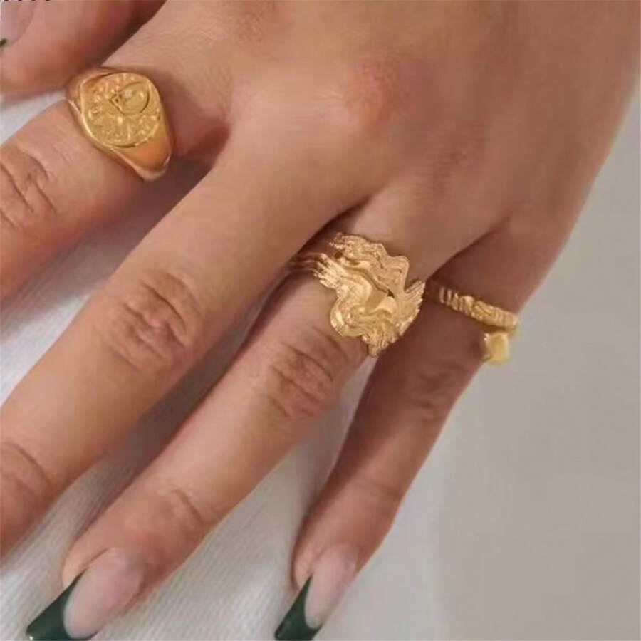 VKHK 1 pieza Anillo grueso asimétrico de acero inoxidable chapado en oro de 18K, adecuado para uso diario y de fiesta de mujeres, regalo - anillo creativo - Ver 1