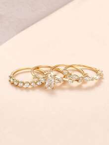 Elegant Rhinestone Ring Gift Set, Luxury Shiny Cubic Zirconia Fashion Jewelry For Women, Copper Material Non-Fading And Hypoallergenic, Ideal Holiday Gift - Gold - View 12