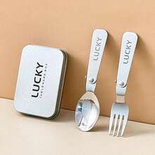 3Pcs/Set Portable Foldable Dinnerware Set, 304 Stainless Steel Folding Fork Spoon With Iron Cutlery Box, Cute Cartoon Pattern Reusable Tableware Set, Dishwasher , Suitable For Student And Adult Use In School, Office, Outdoor Camping, Picnic, Travel