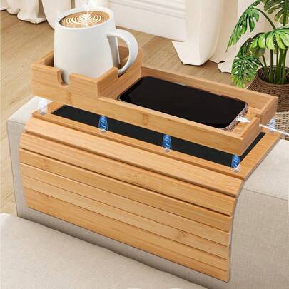 Couch Armrest Table, 3-In-1 Magnetic Detachable Couch Arm Tray With Cup Holder And Phone Holder, Foldable Bamboo Couch Cup Holder For Remote Controls, Phones, Snacks, Cups, Burlywood