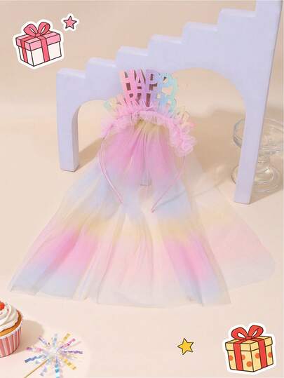 1 tiara brilhante com lantejoulas "Feliz Aniversário", scrunchie de tule com glitter arco-íris para meninas, tiara de flores de chiffon arco-íris, acessório de cabelo delicado, ideal para festas de aniversário e para adolescentes.